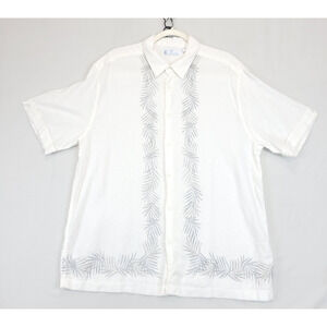 Cafe Luna Linen Blend Button Up Shirt Leaf Print White Men XL Short Sleeve